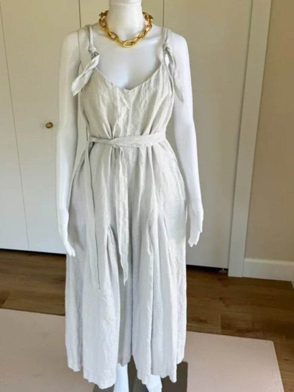 Magaschoni 100% Linen Flowy Wide Leg Crop Jumpsuit Ribbon